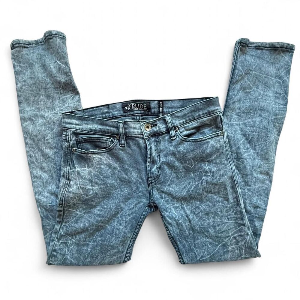 Y2K XXXRUDE Acid Wash Distressed Blue Skinny Jeans Men's 30x32